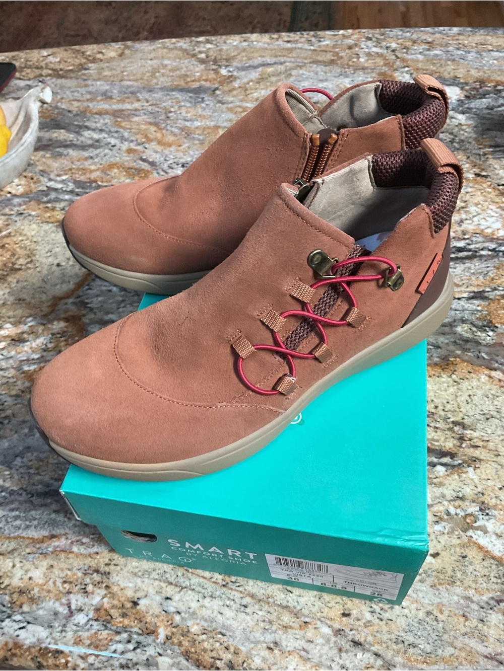 Alegria Women's Suede Ankle Booties in Rust with Pink Lace Accents